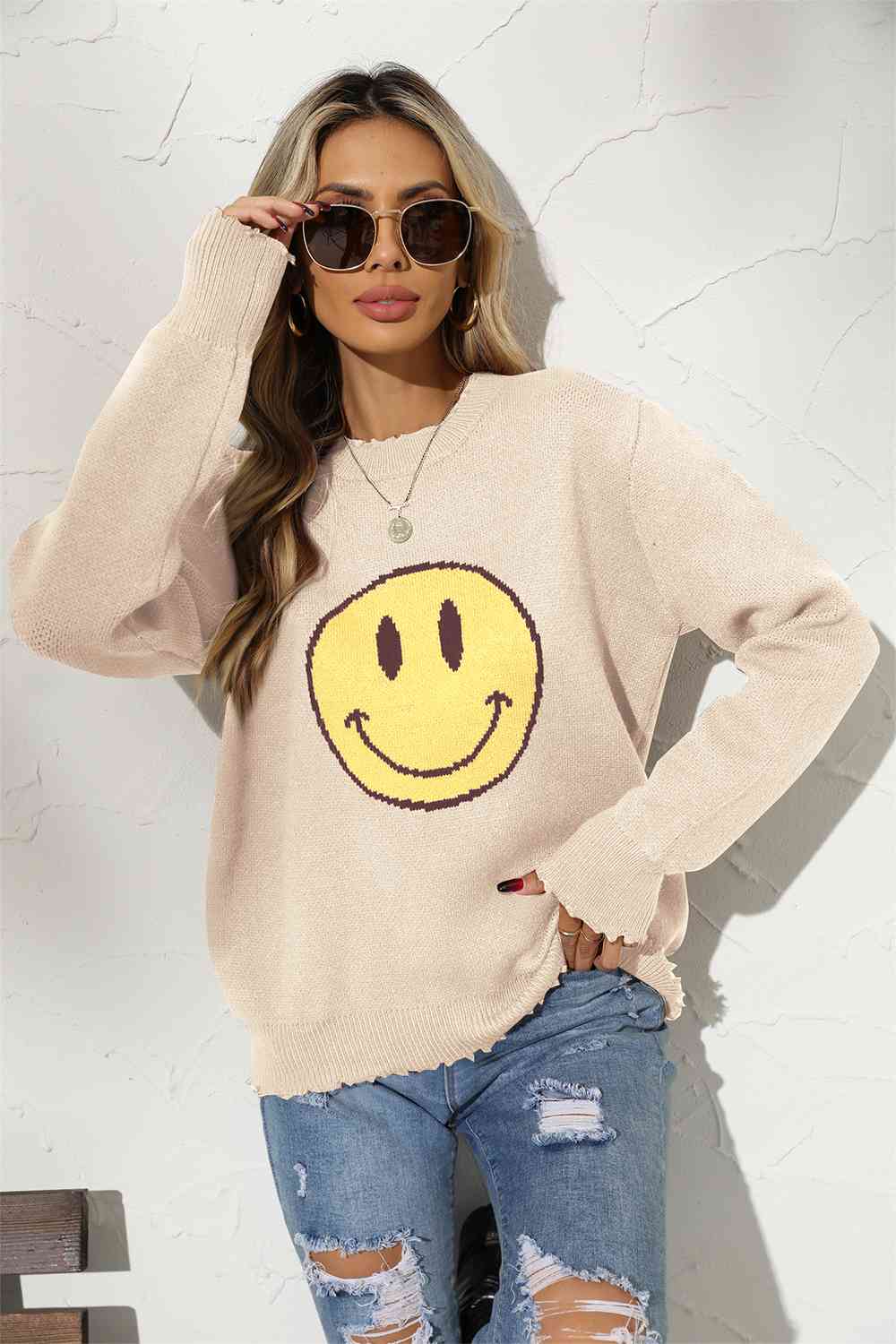 Round Neck Long Sleeve Smily Face Graphic Sweater - BloomBliss.com