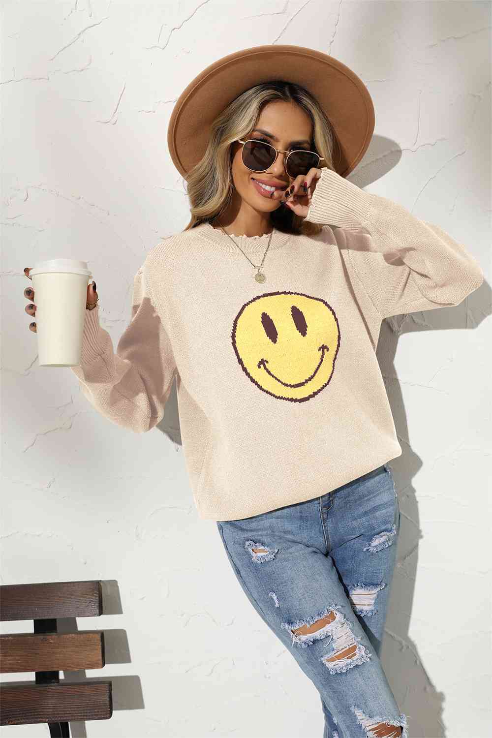 Round Neck Long Sleeve Smily Face Graphic Sweater - BloomBliss.com