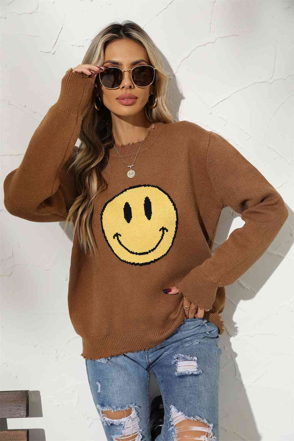 Round Neck Long Sleeve Smily Face Graphic Sweater - BloomBliss.com