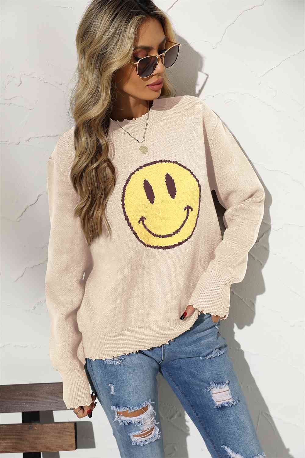 Round Neck Long Sleeve Smily Face Graphic Sweater - BloomBliss.com