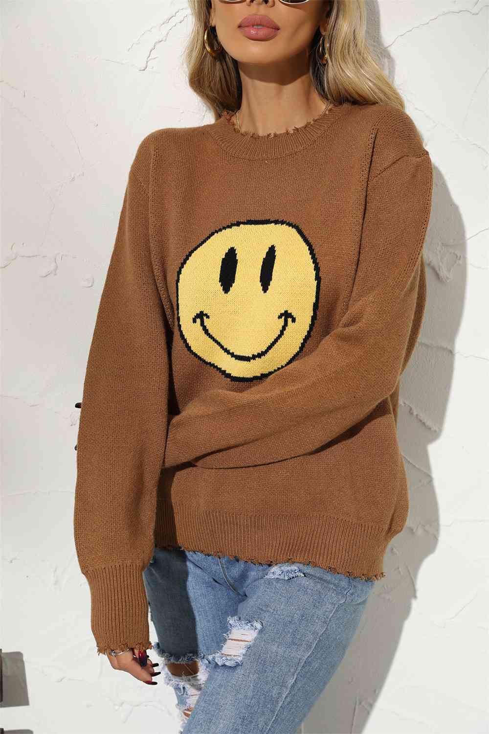 Round Neck Long Sleeve Smily Face Graphic Sweater - BloomBliss.com