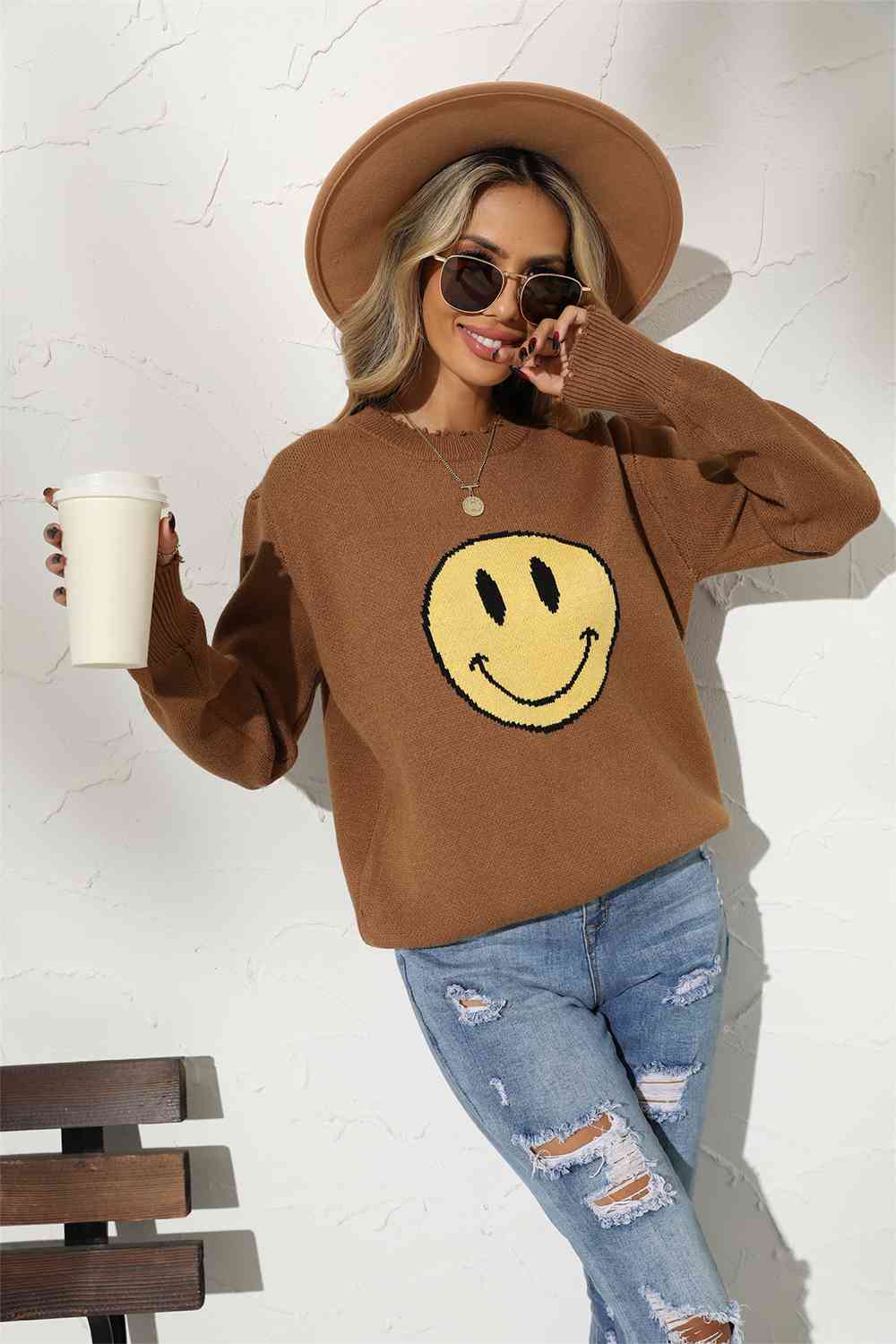 Round Neck Long Sleeve Smily Face Graphic Sweater - BloomBliss.com