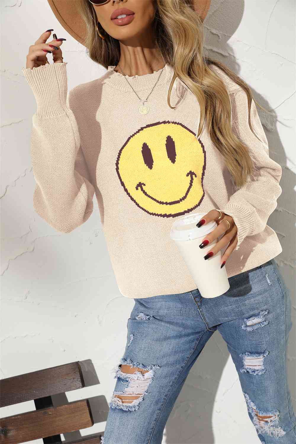 Round Neck Long Sleeve Smily Face Graphic Sweater - BloomBliss.com