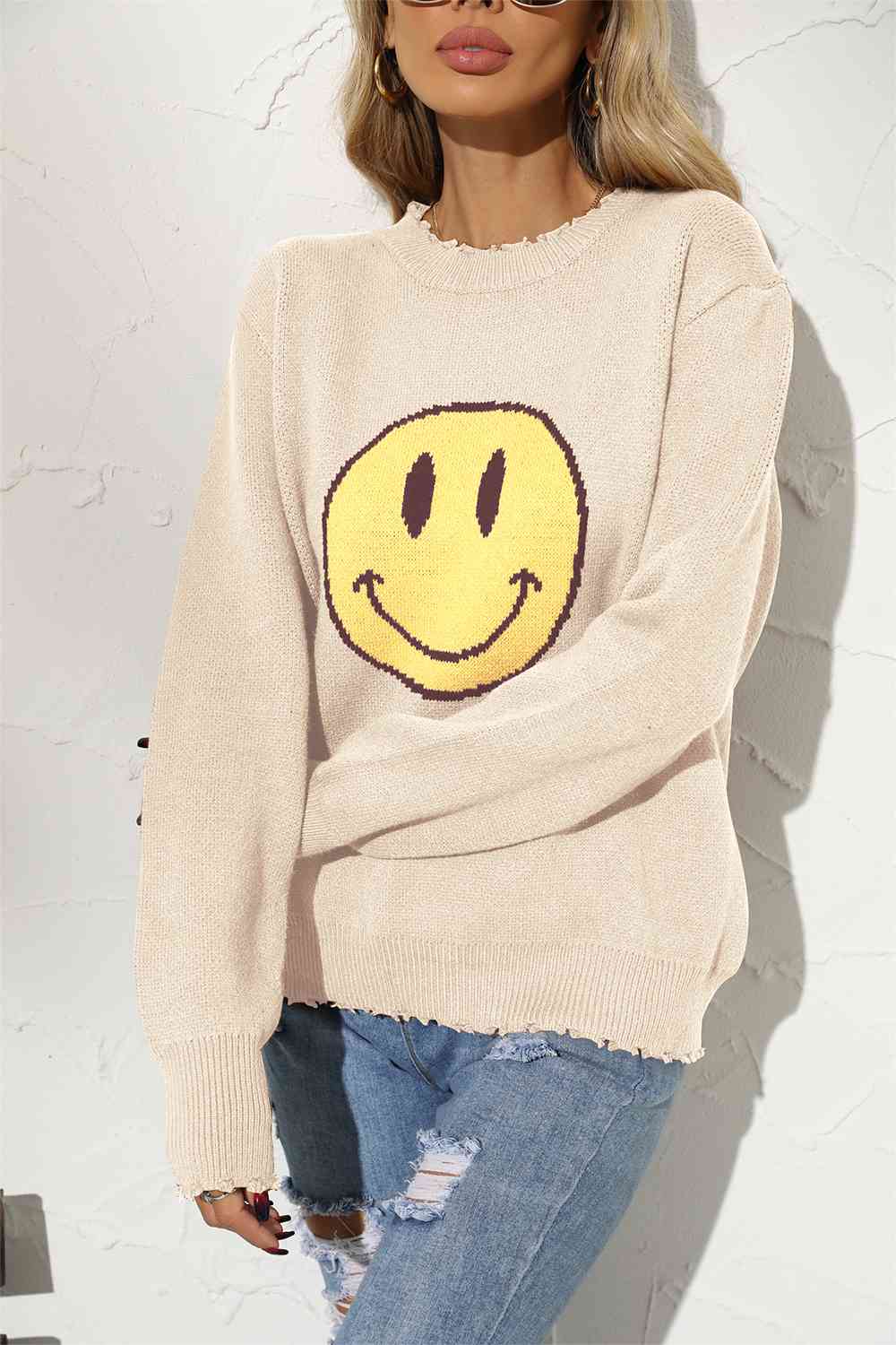 Round Neck Long Sleeve Smily Face Graphic Sweater - BloomBliss.com