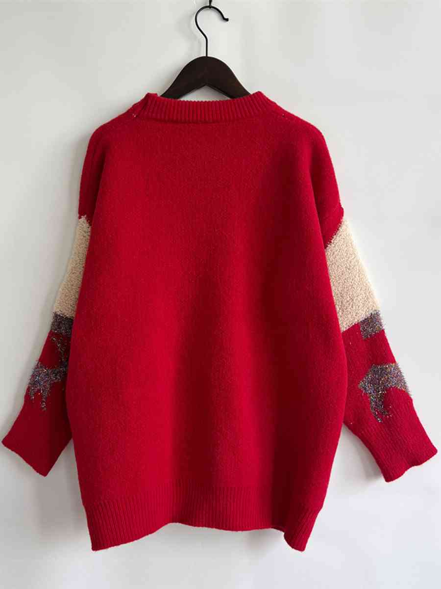 Sequin Christmas Tree & Reindeer Round Neck Sweater - BloomBliss.com