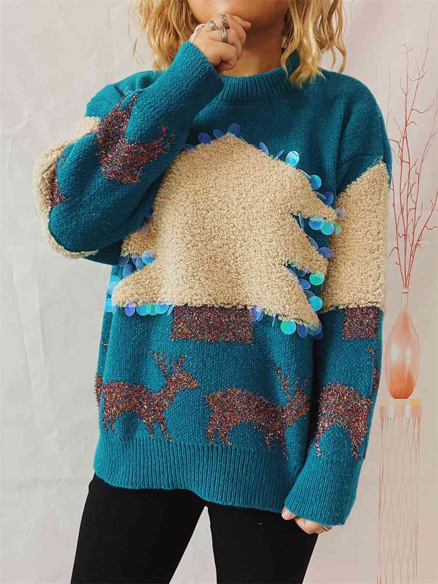 Sequin Christmas Tree & Reindeer Round Neck Sweater - BloomBliss.com