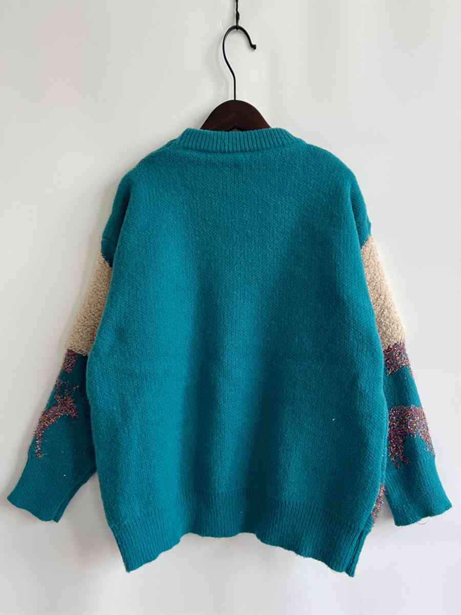 Sequin Christmas Tree & Reindeer Round Neck Sweater - BloomBliss.com