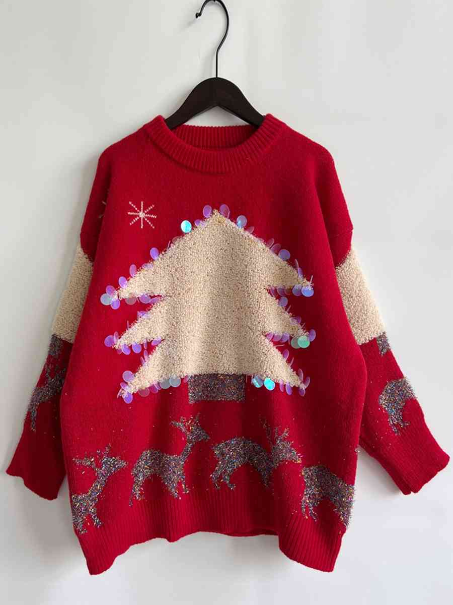 Sequin Christmas Tree & Reindeer Round Neck Sweater - BloomBliss.com