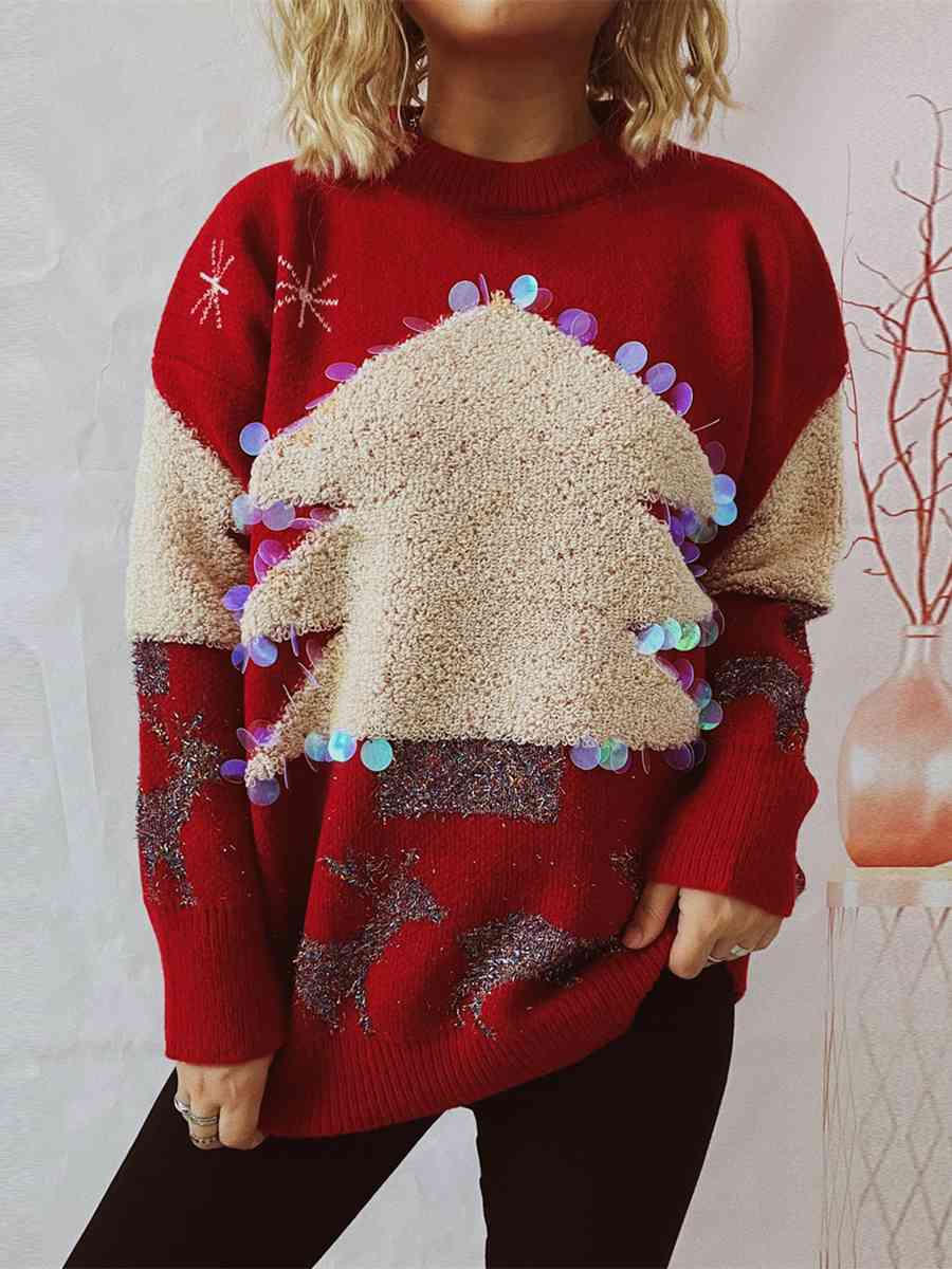 Sequin Christmas Tree & Reindeer Round Neck Sweater - BloomBliss.com