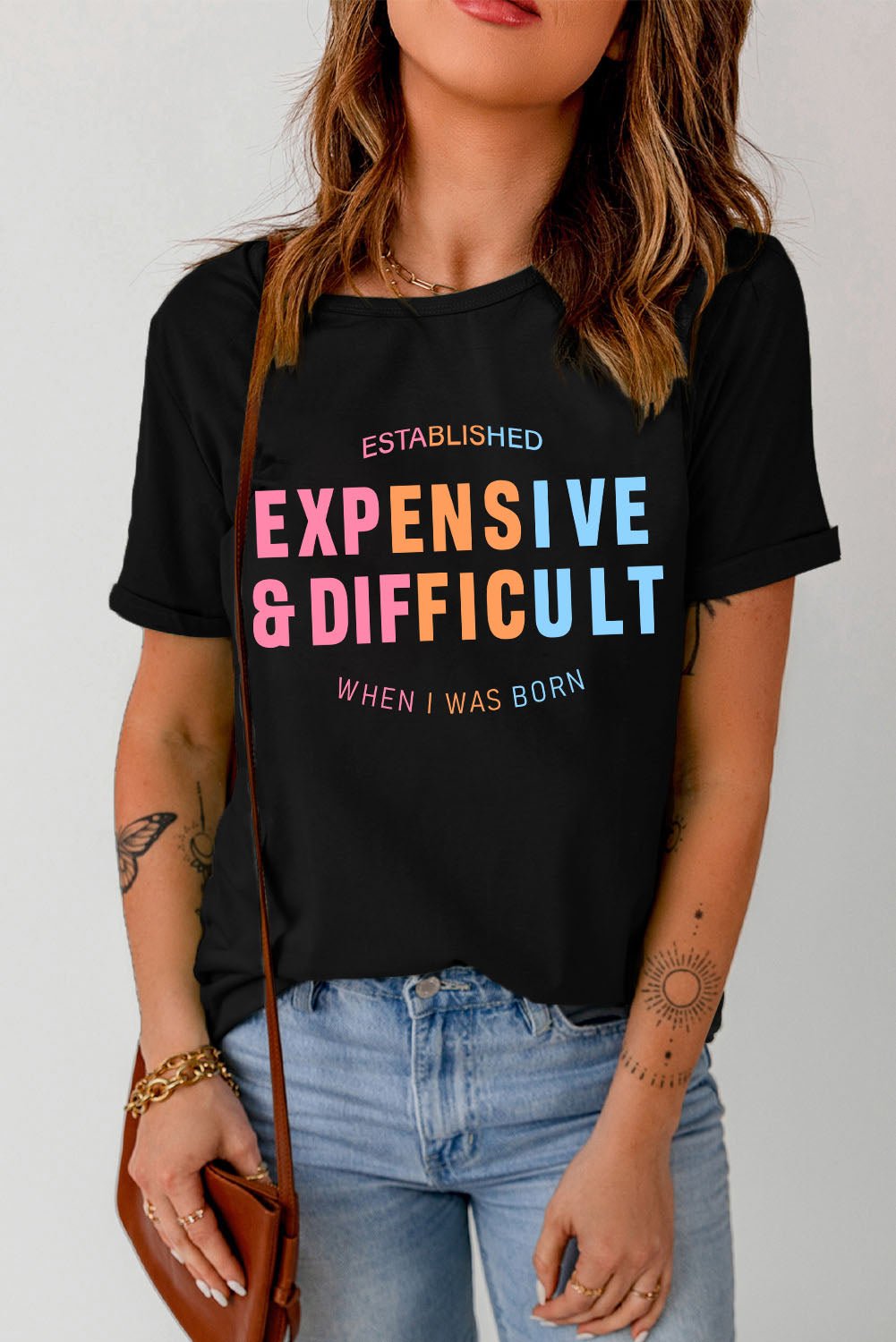 Slogan Graphic Cuffed Sleeve Tee - BloomBliss.com