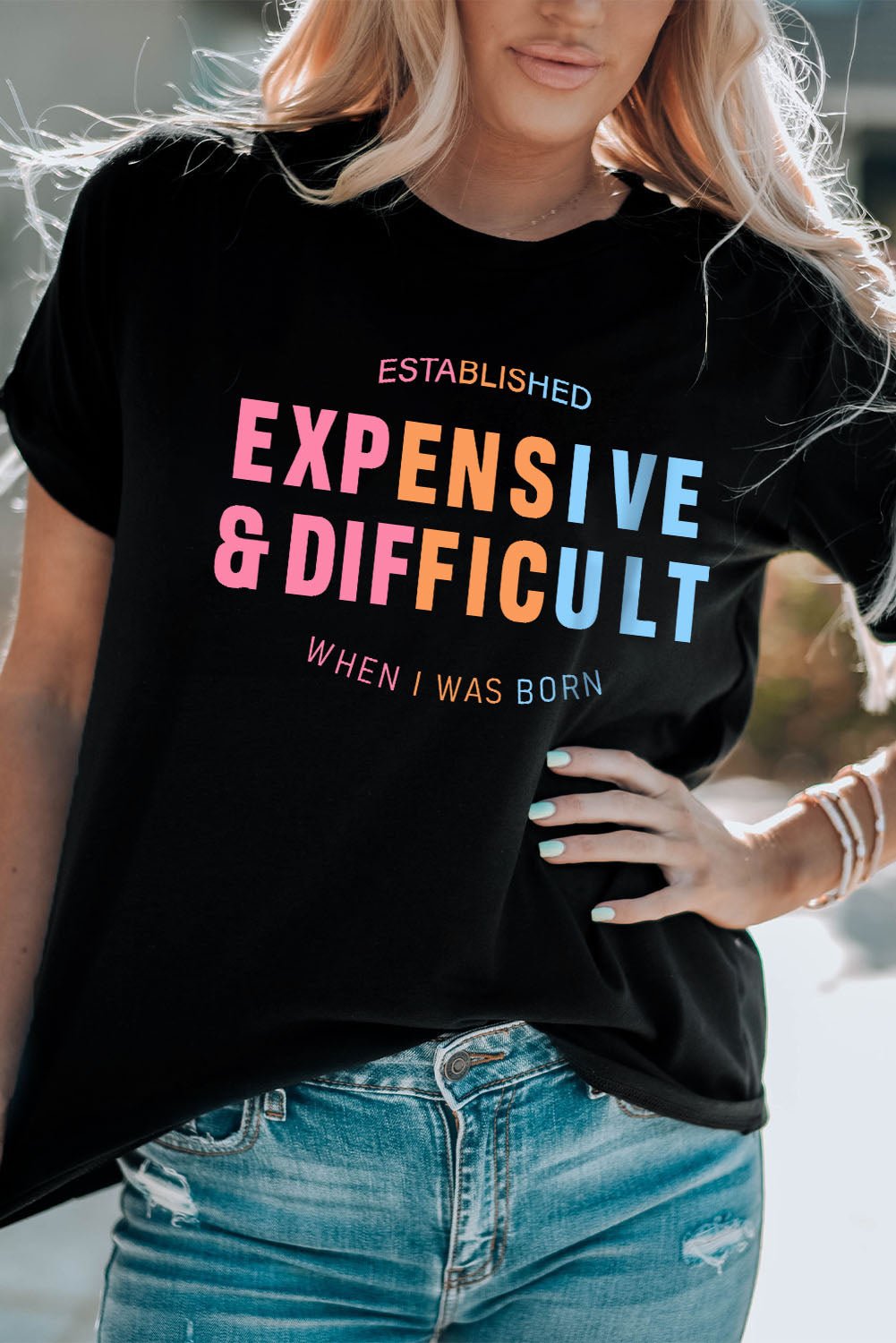 Slogan Graphic Cuffed Sleeve Tee - BloomBliss.com