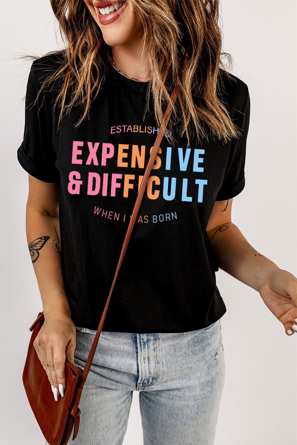 Slogan Graphic Cuffed Sleeve Tee - BloomBliss.com