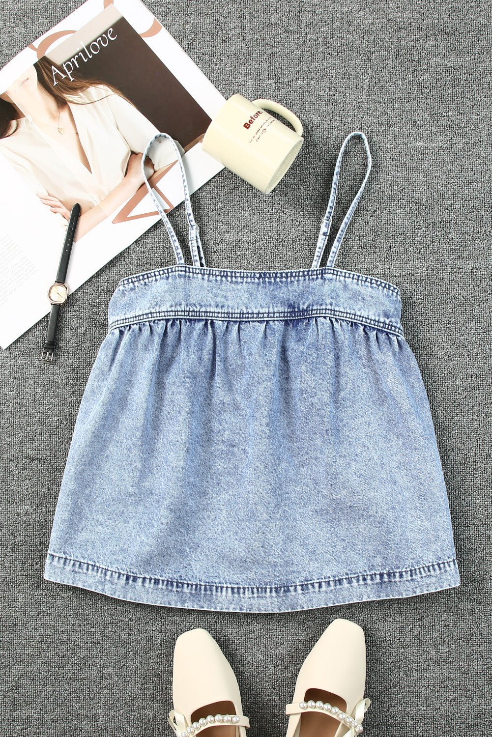 Smocked Adjustable Strap Denim Cami - BloomBliss.com