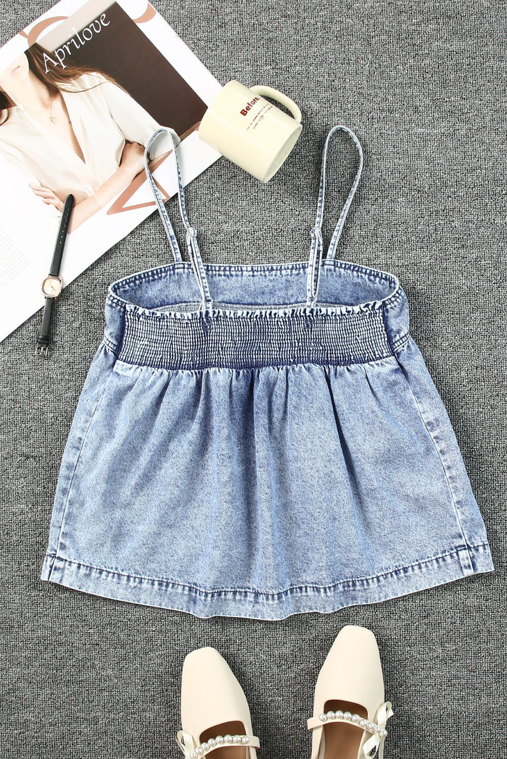 Smocked Adjustable Strap Denim Cami - BloomBliss.com
