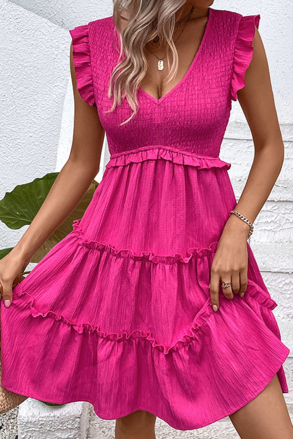 Smocked Frill Trim Deep V Dress - BloomBliss.com