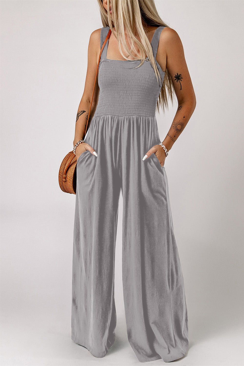Smocked Square Neck Wide Leg Jumpsuit with Pockets - BloomBliss.com