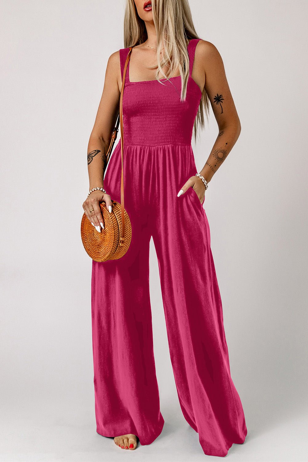 Smocked Square Neck Wide Leg Jumpsuit with Pockets - BloomBliss.com