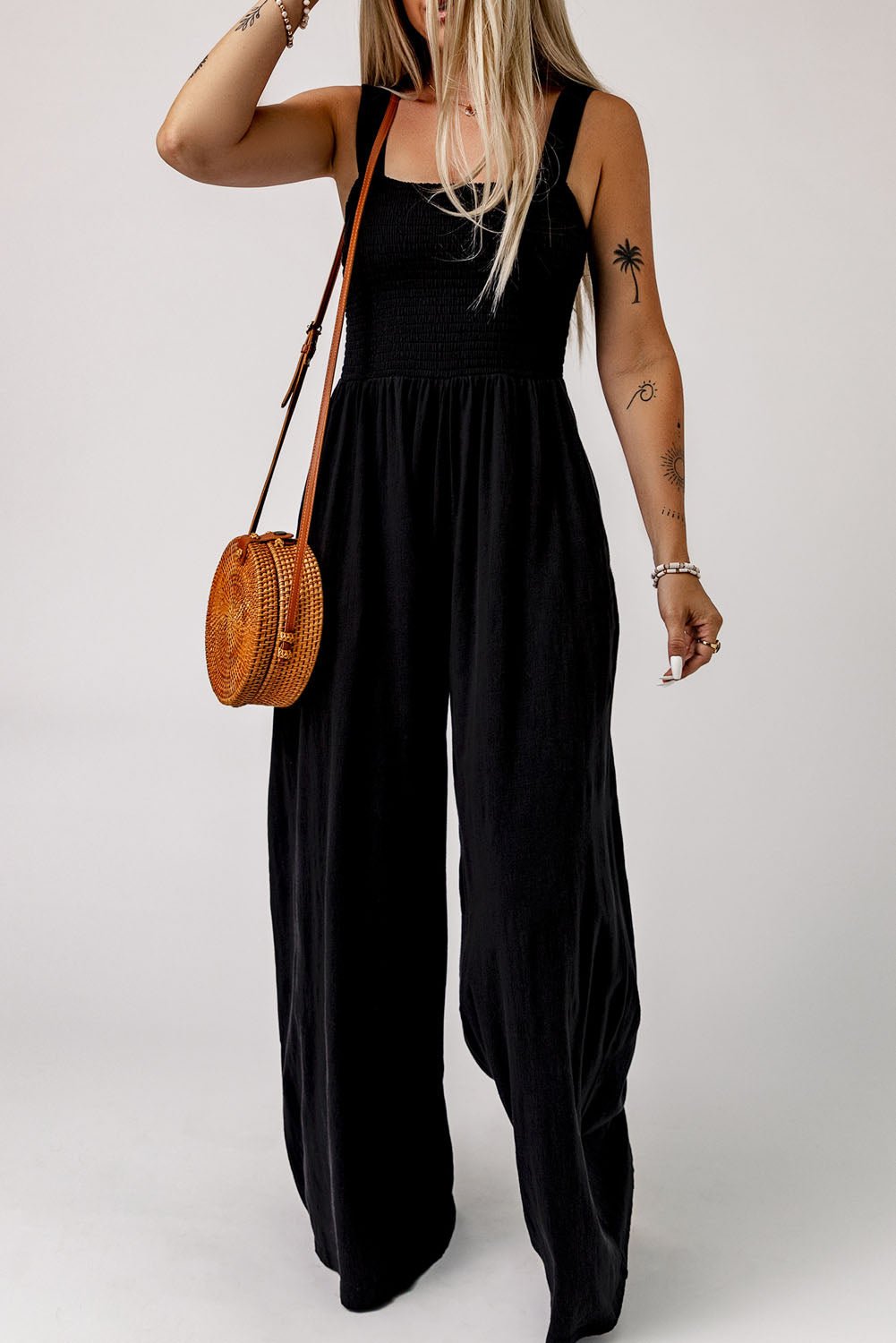 Smocked Square Neck Wide Leg Jumpsuit with Pockets - BloomBliss.com