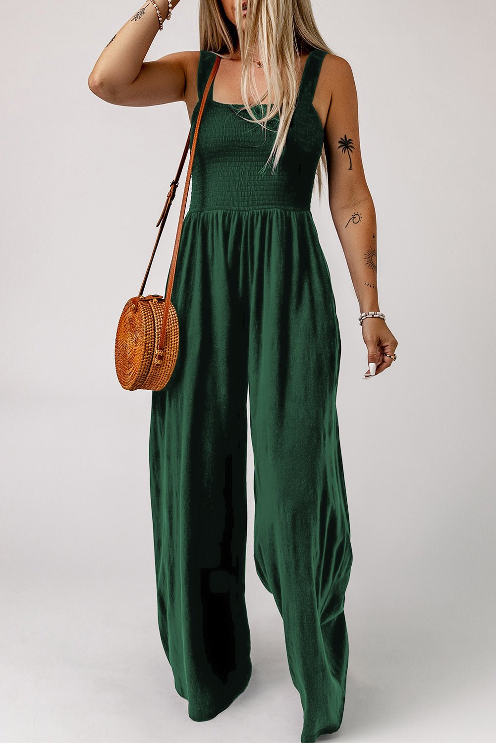 Smocked Square Neck Wide Leg Jumpsuit with Pockets - BloomBliss.com
