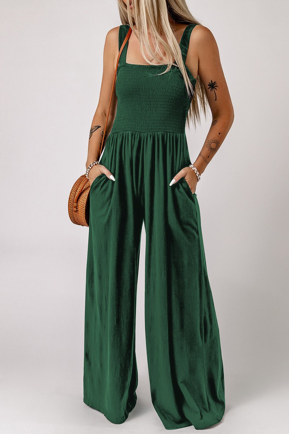 Smocked Square Neck Wide Leg Jumpsuit with Pockets - BloomBliss.com