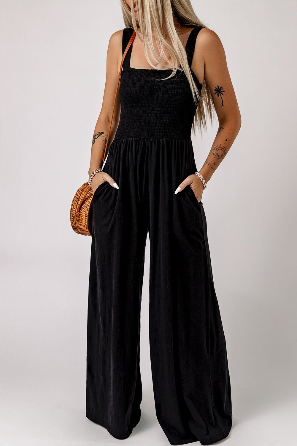 Smocked Square Neck Wide Leg Jumpsuit with Pockets - BloomBliss.com