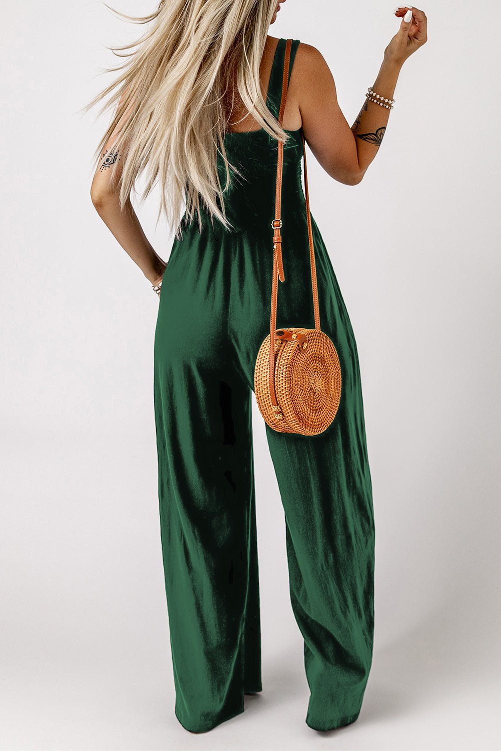 Smocked Square Neck Wide Leg Jumpsuit with Pockets - BloomBliss.com