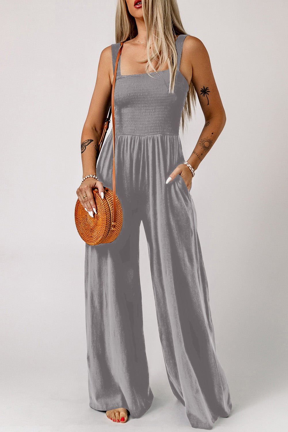 Smocked Square Neck Wide Leg Jumpsuit with Pockets - BloomBliss.com