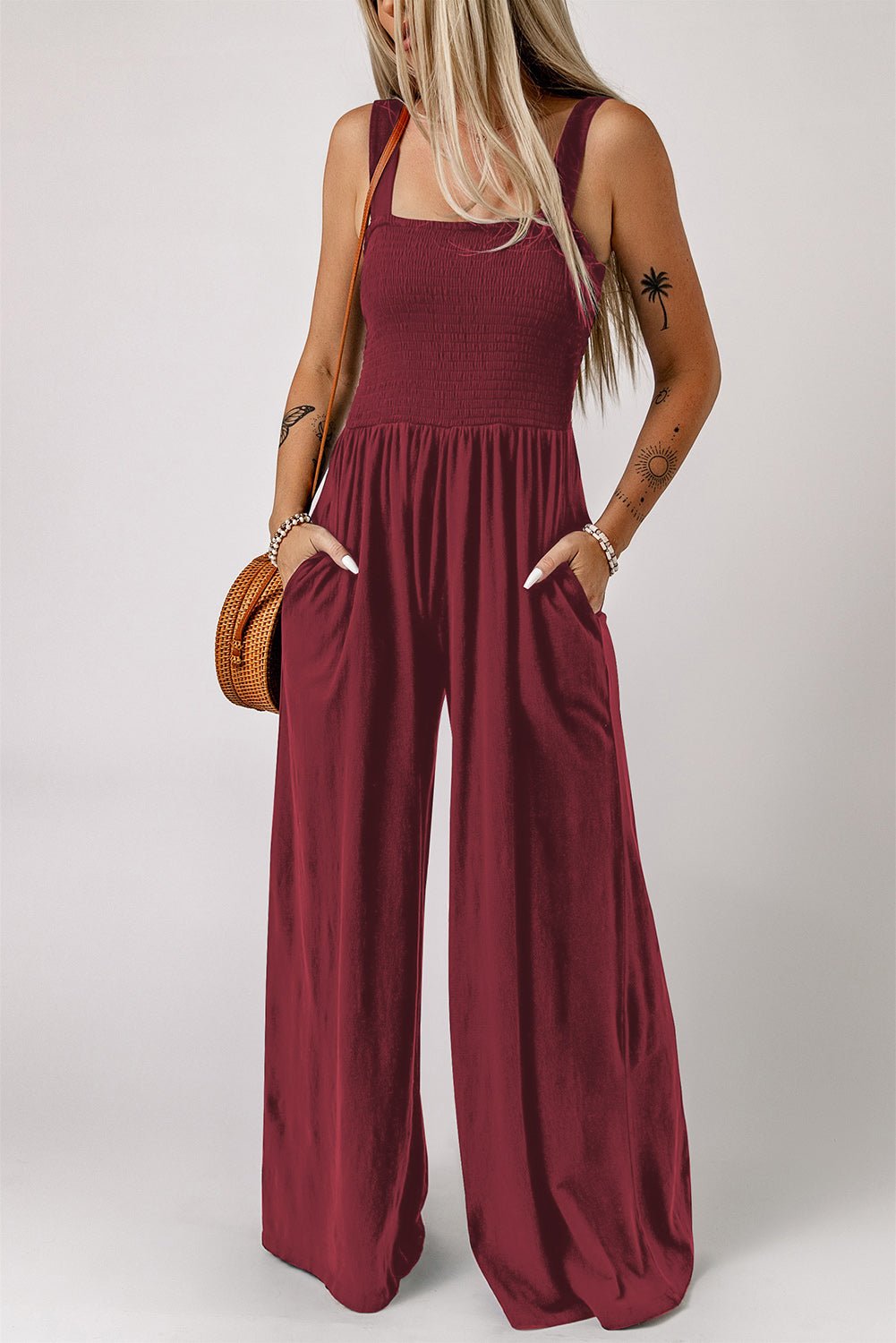 Smocked Square Neck Wide Leg Jumpsuit with Pockets - BloomBliss.com