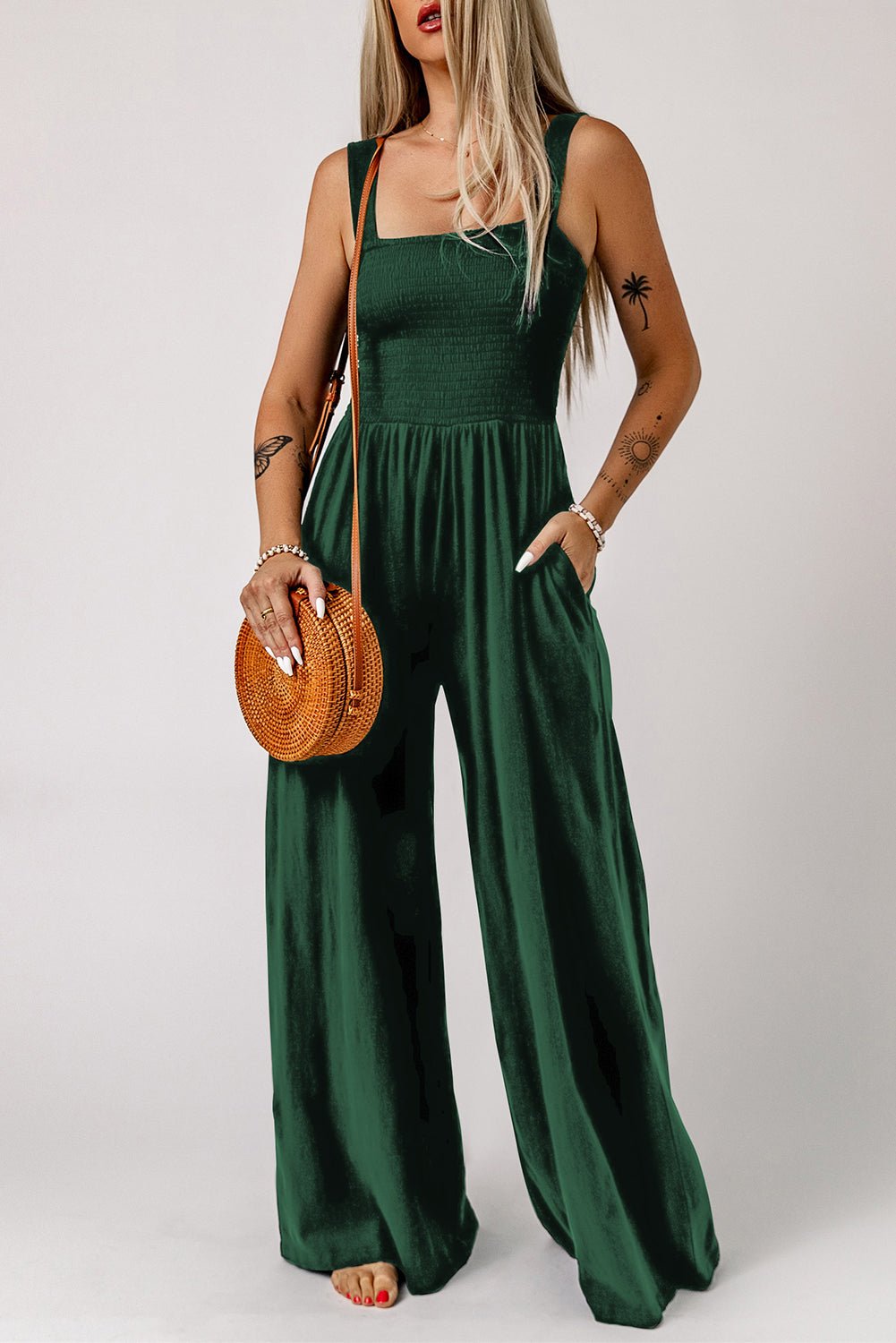 Smocked Square Neck Wide Leg Jumpsuit with Pockets - BloomBliss.com