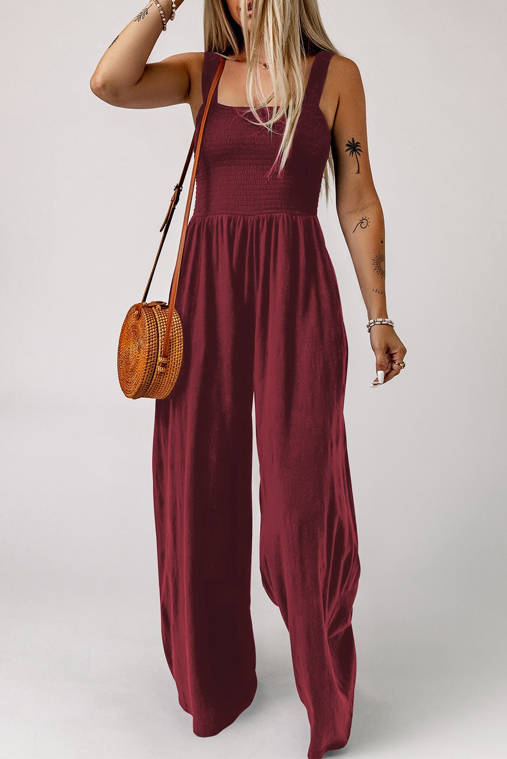 Smocked Square Neck Wide Leg Jumpsuit with Pockets - BloomBliss.com