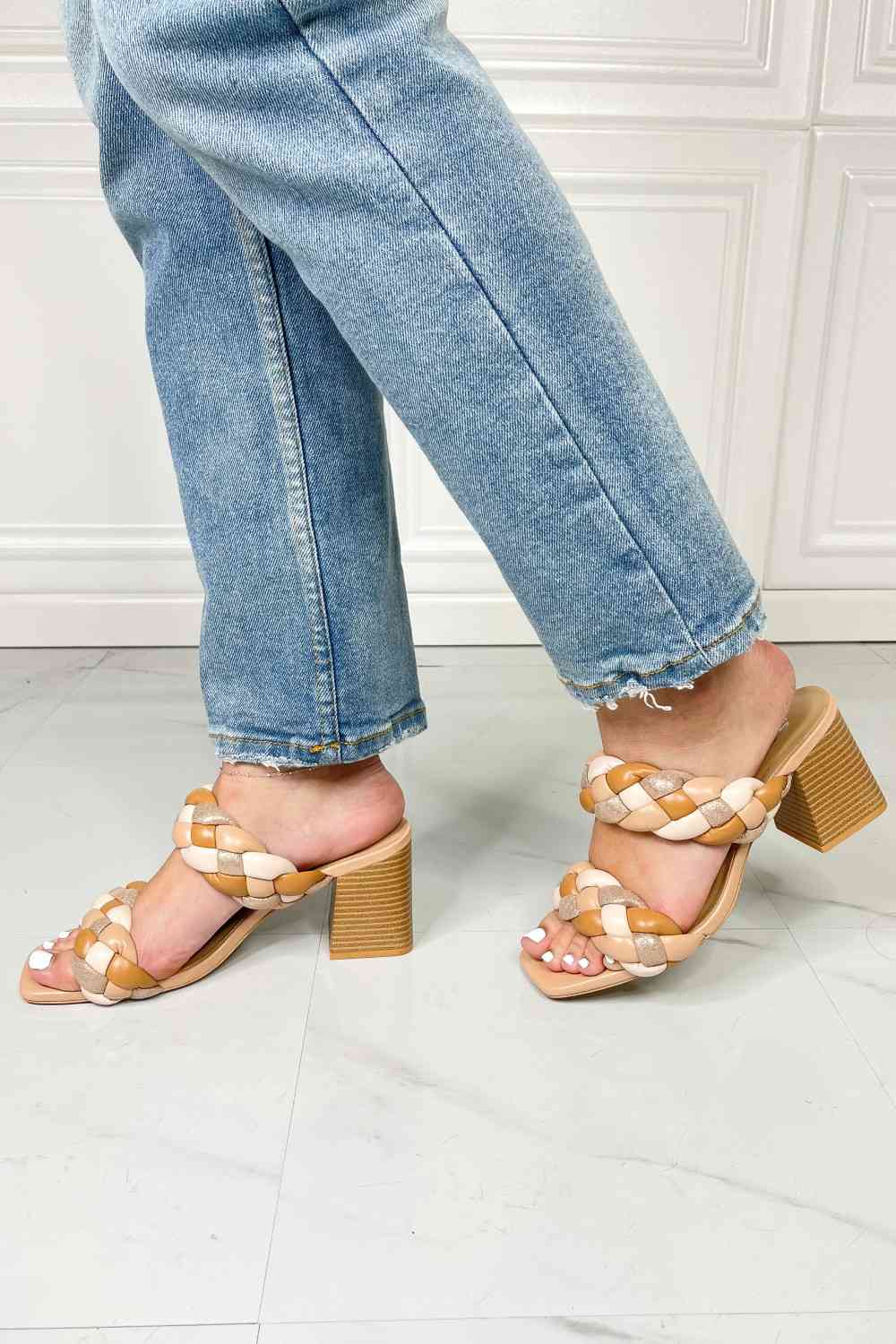 SODA Interwoven Ideas Braided Strap Block Heel Slide Sandal in Nude - BloomBliss.com