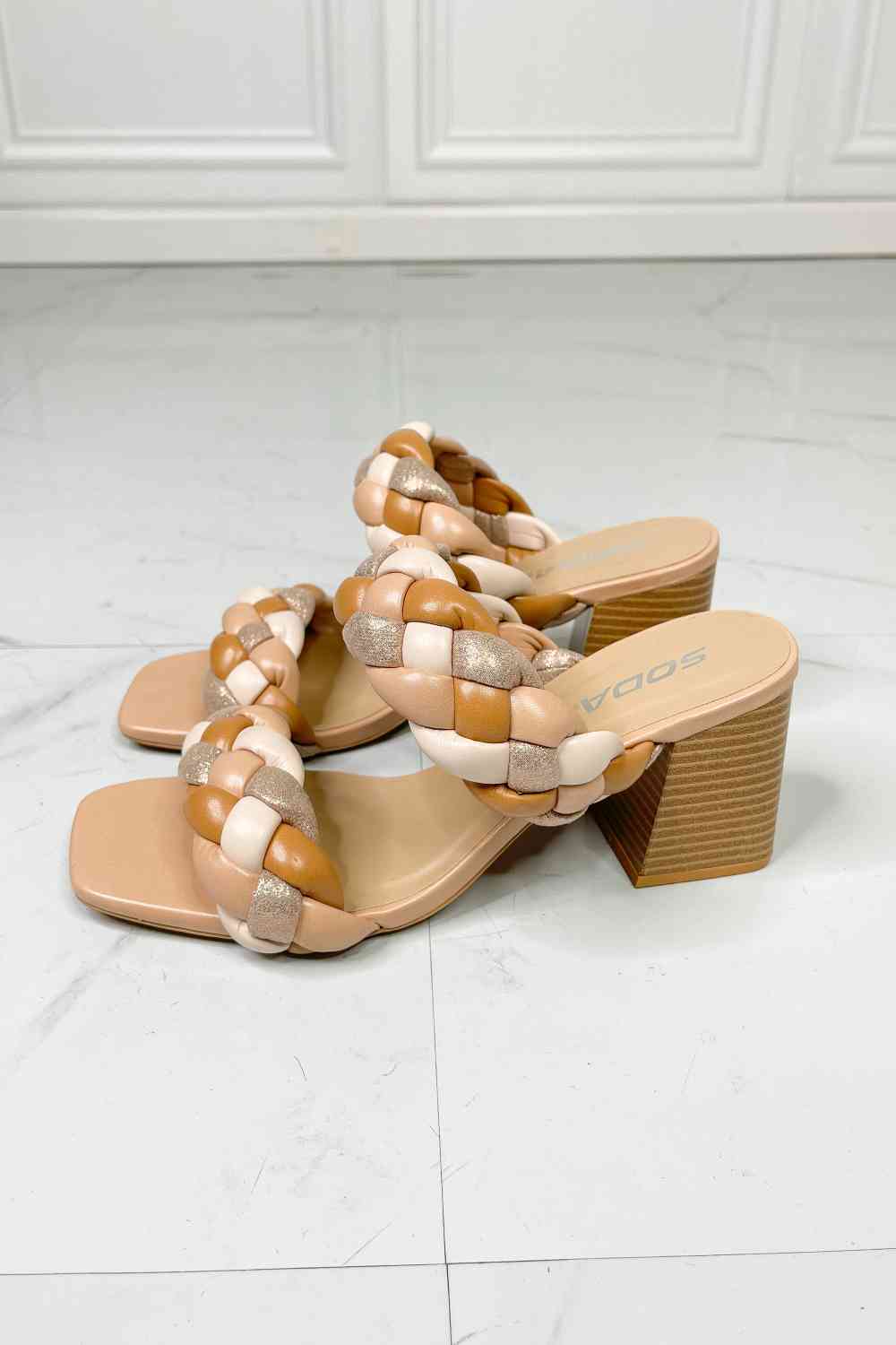 SODA Interwoven Ideas Braided Strap Block Heel Slide Sandal in Nude - BloomBliss.com