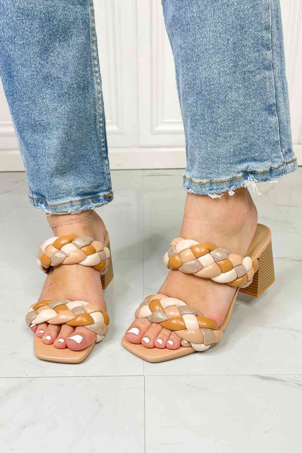 SODA Interwoven Ideas Braided Strap Block Heel Slide Sandal in Nude - BloomBliss.com