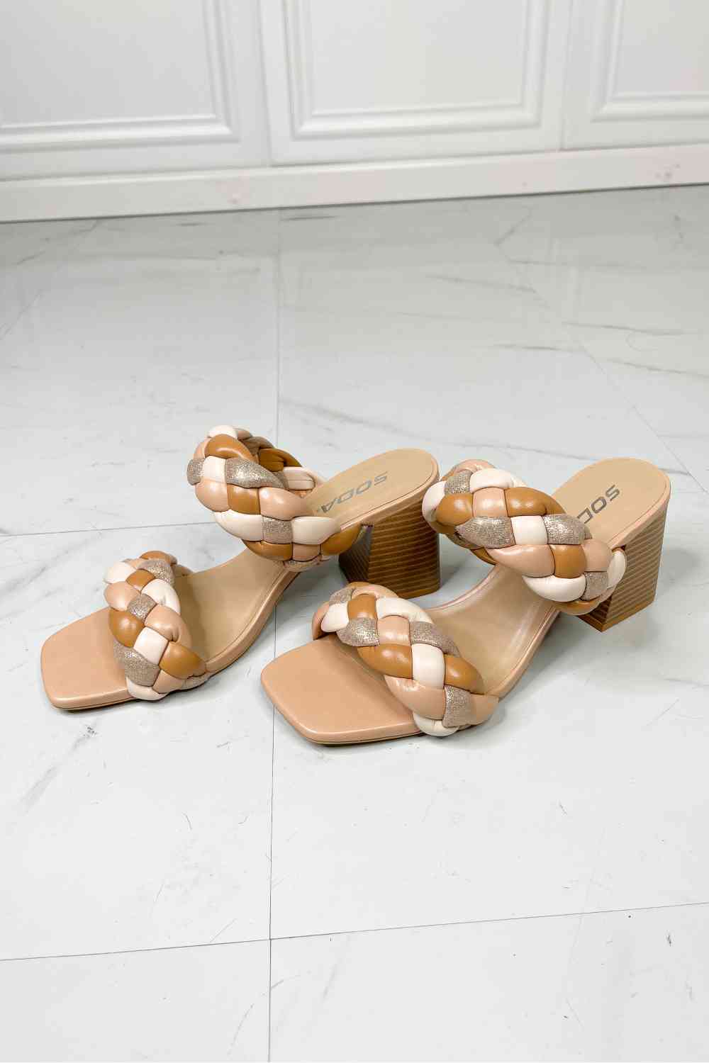 SODA Interwoven Ideas Braided Strap Block Heel Slide Sandal in Nude - BloomBliss.com