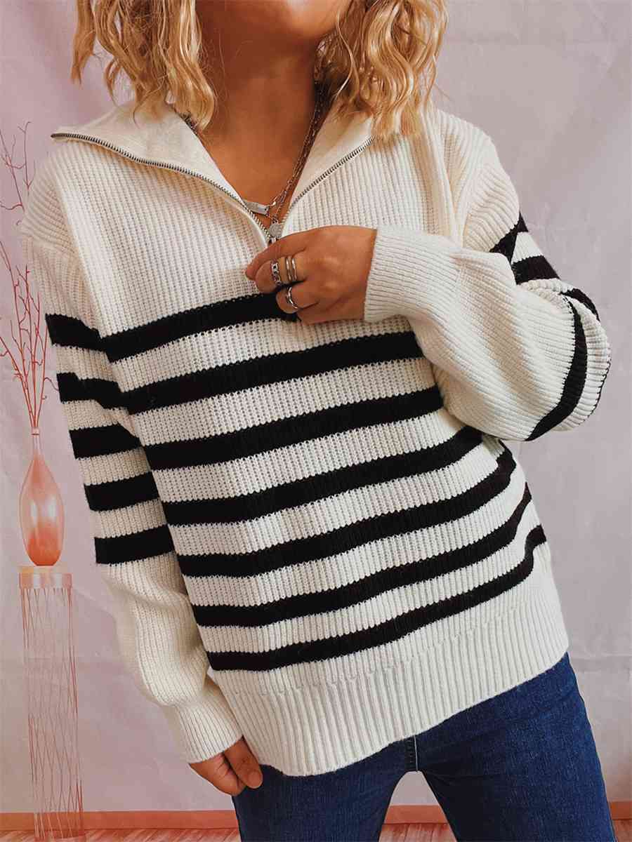 Striped Half Zip Collared Sweater - BloomBliss.com