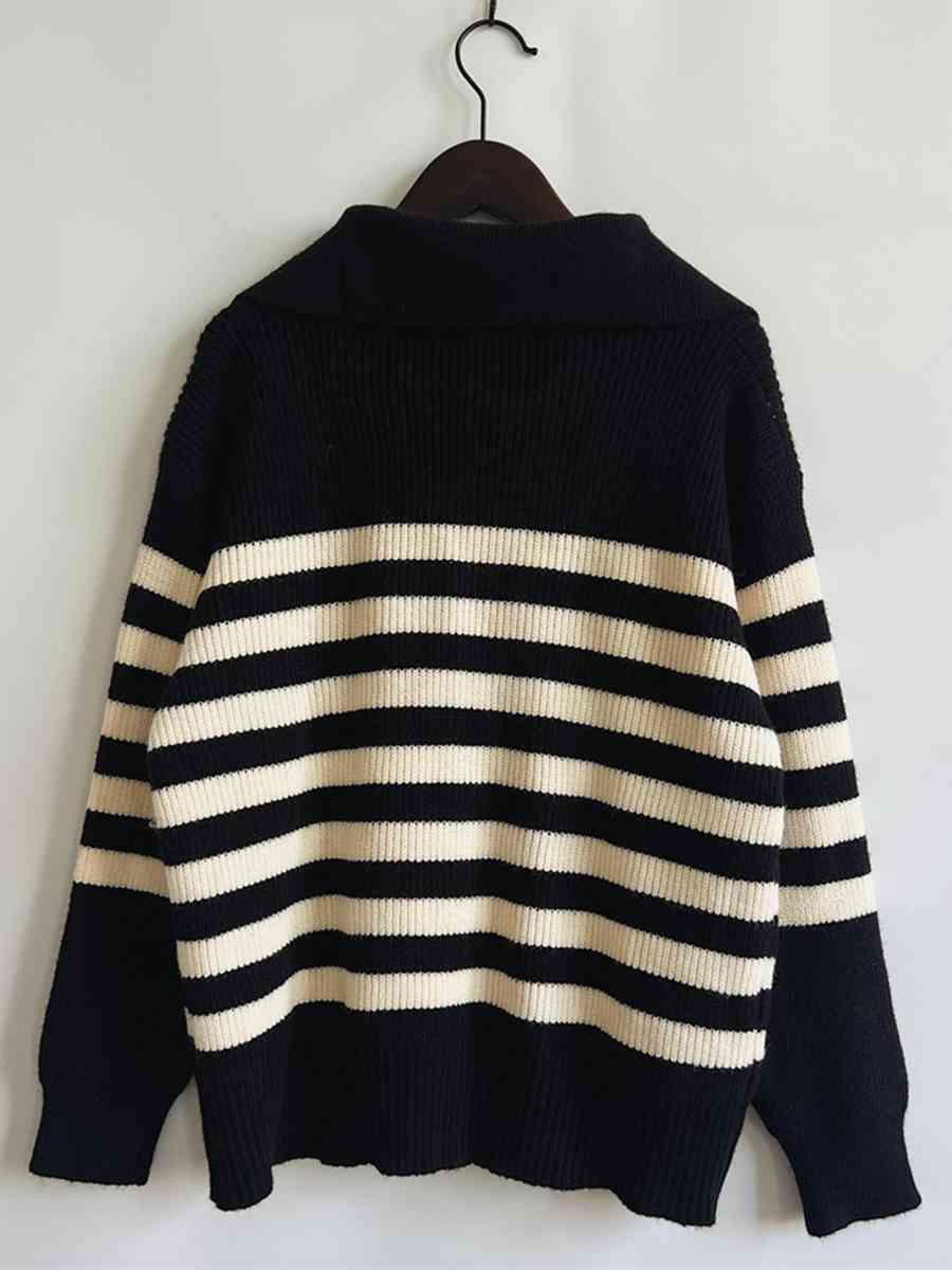 Striped Half Zip Collared Sweater - BloomBliss.com