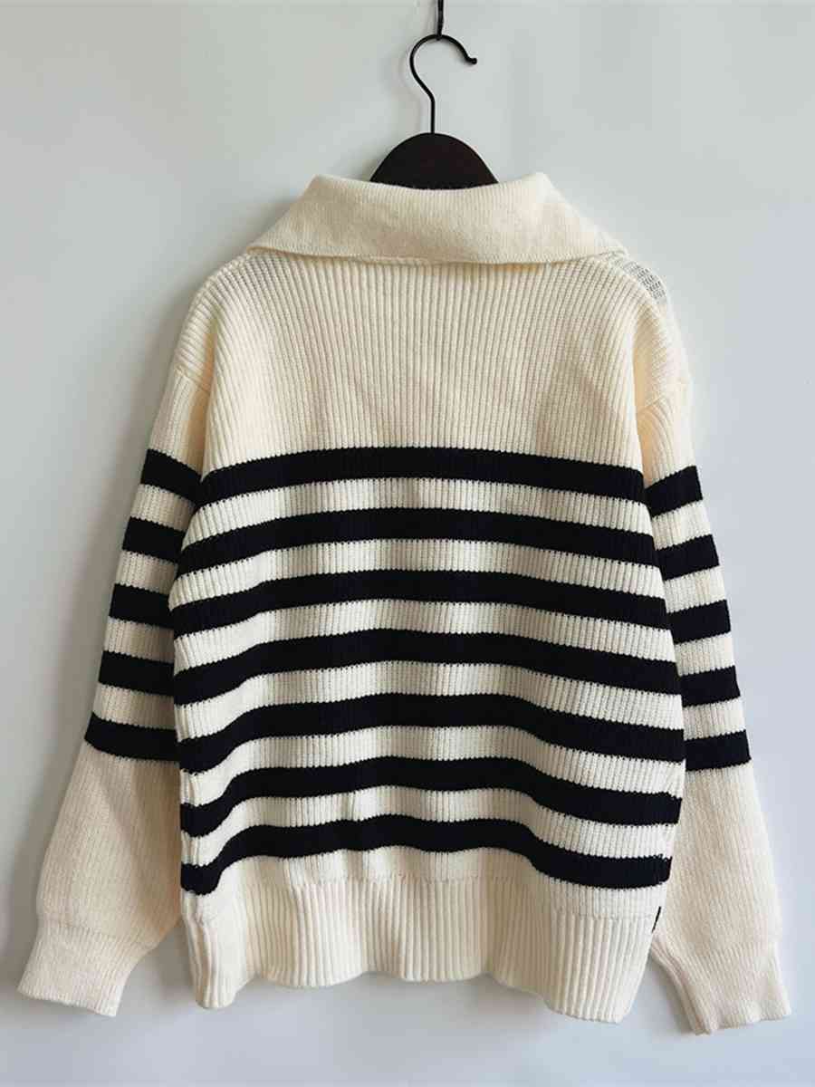 Striped Half Zip Collared Sweater - BloomBliss.com