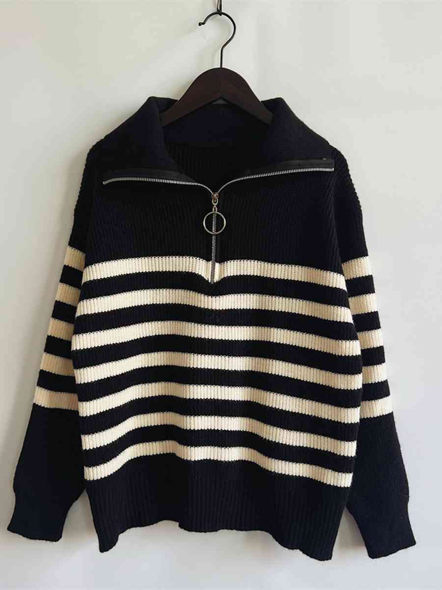 Striped Half Zip Collared Sweater - BloomBliss.com