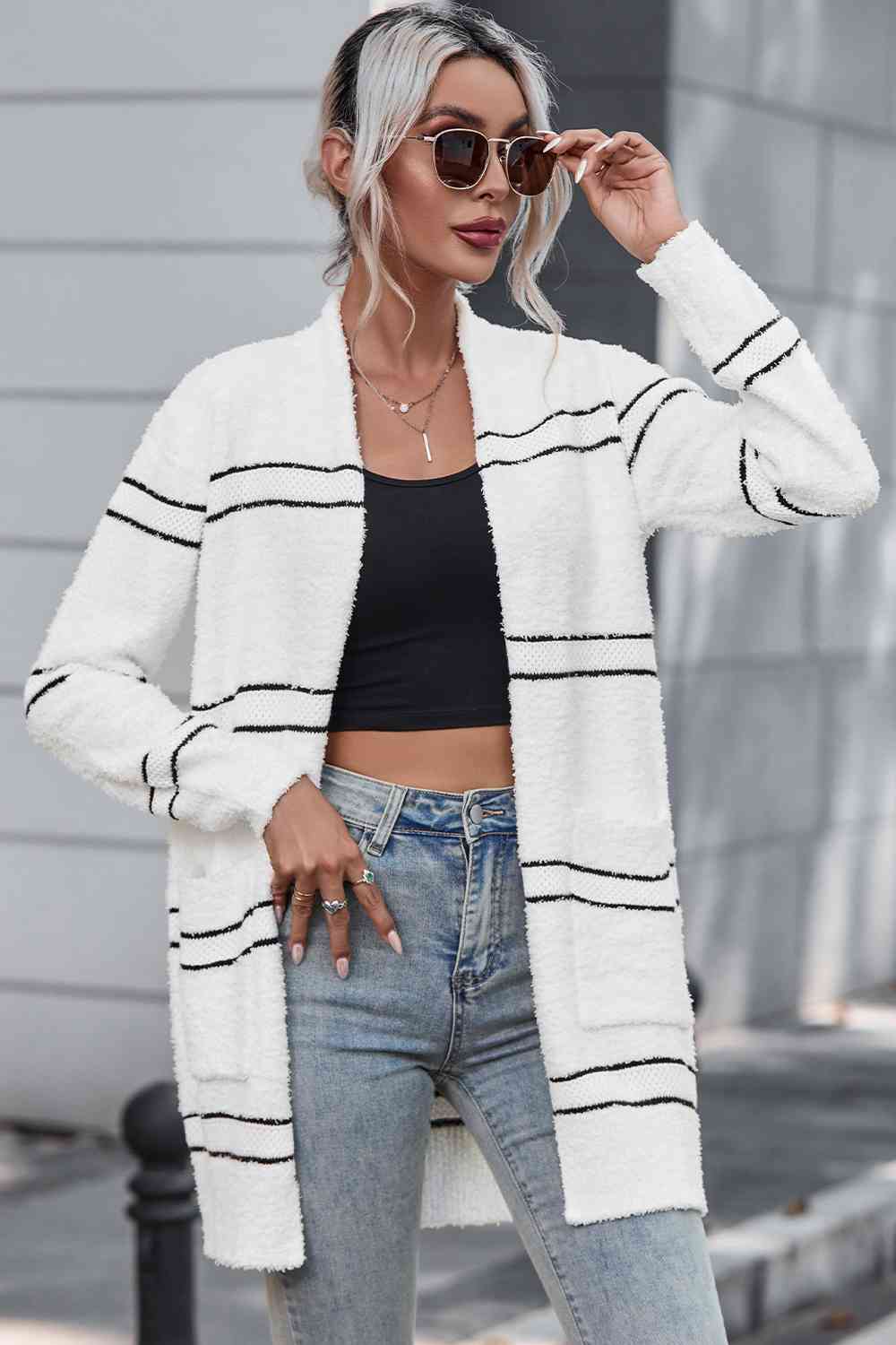 Striped Open Front Cardigan with Pockets - BloomBliss.com