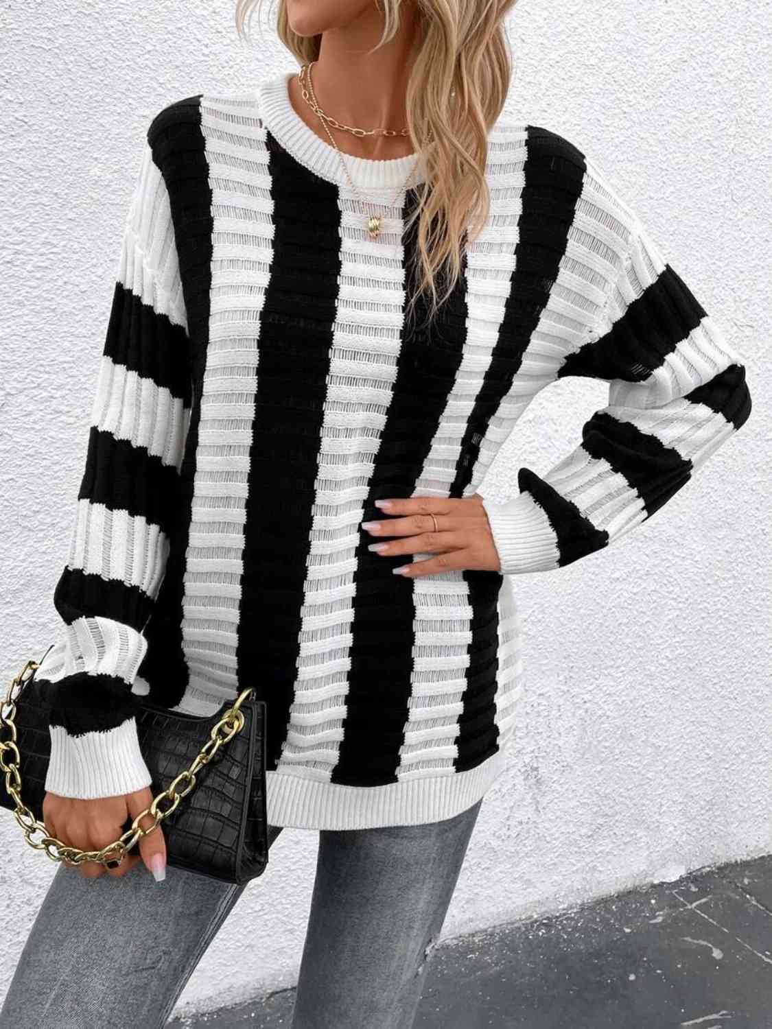 Striped Round Neck Long Sleeve Knit Top - BloomBliss.com