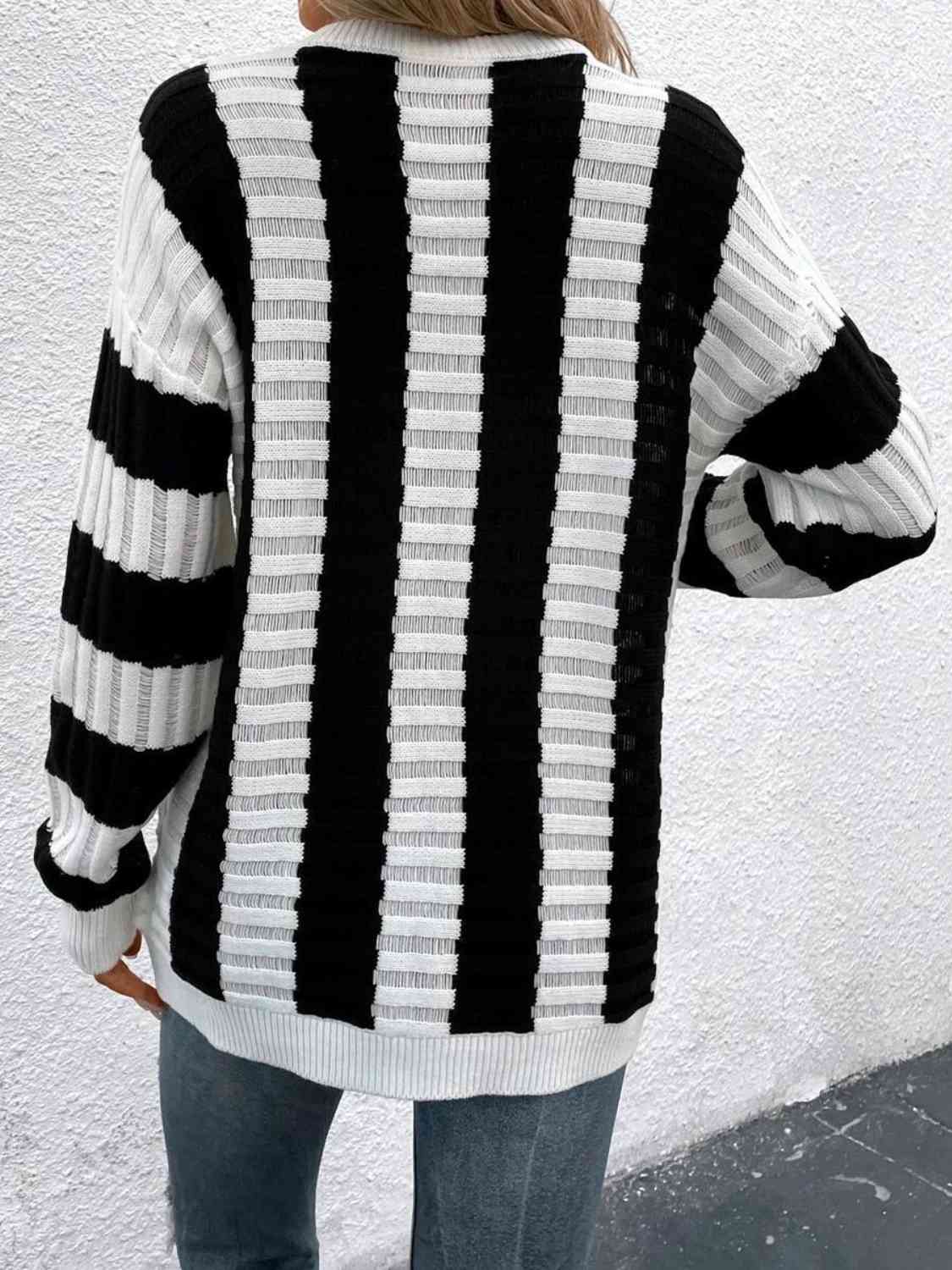 Striped Round Neck Long Sleeve Knit Top - BloomBliss.com