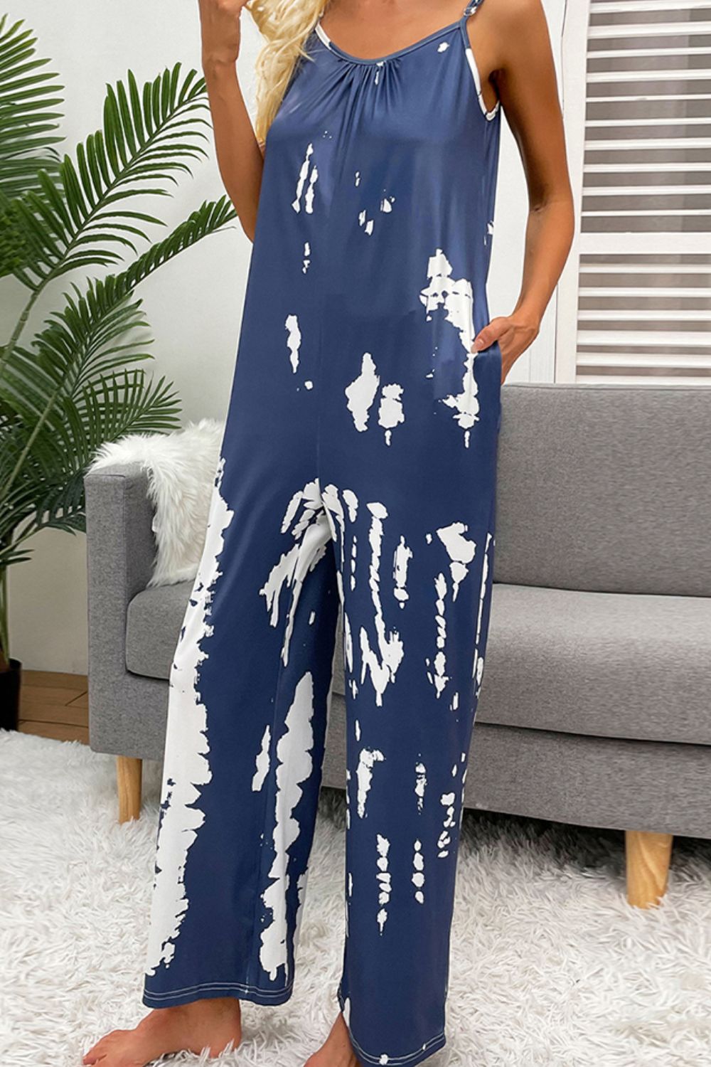 Tie-Dye Spaghetti Strap Jumpsuit with Pockets - BloomBliss.com