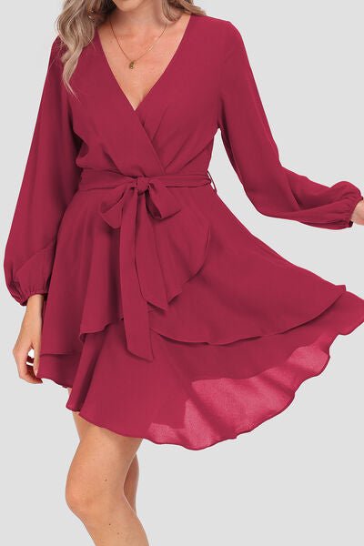 Tied Surplice Balloon Sleeve Layered Dress - BloomBliss.com