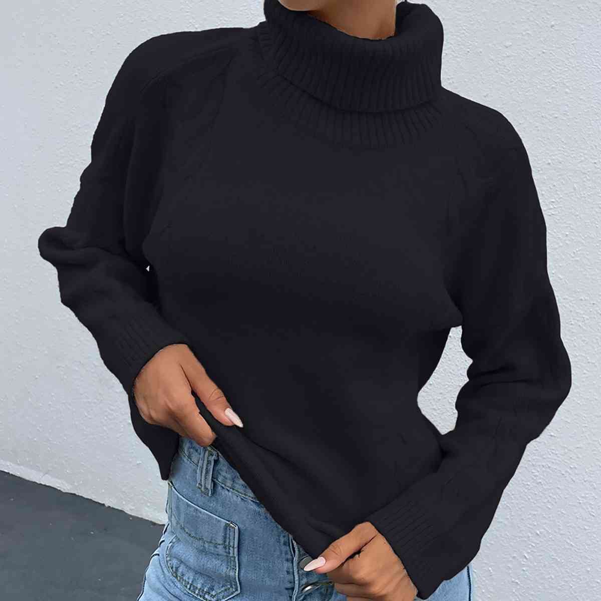 Turtleneck Dropped Shoulder Long Sleeve Sweater - BloomBliss.com