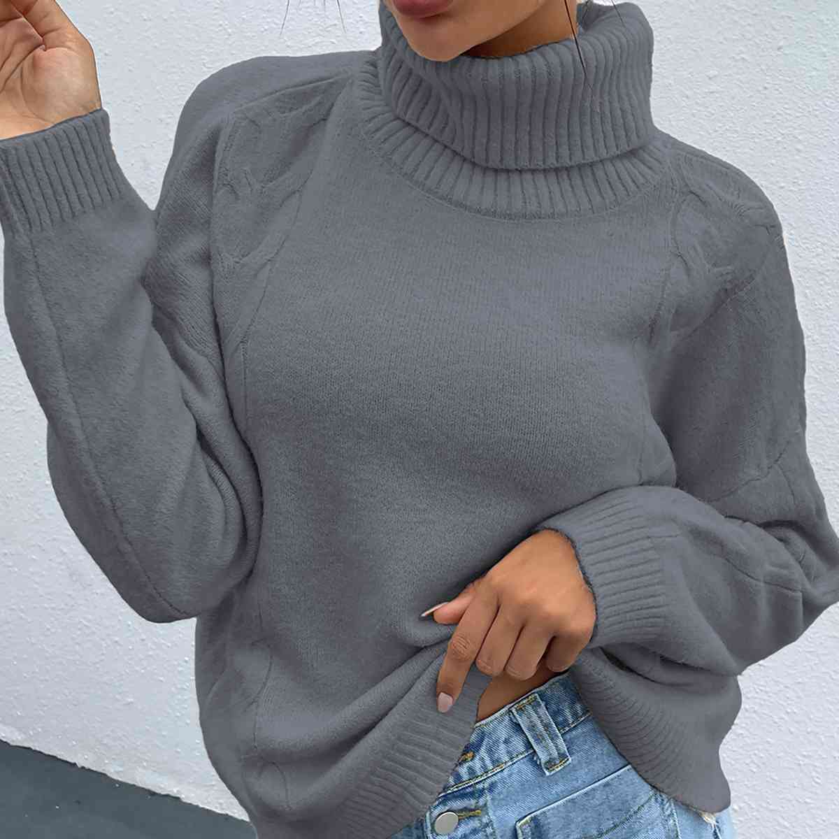 Turtleneck Dropped Shoulder Long Sleeve Sweater - BloomBliss.com