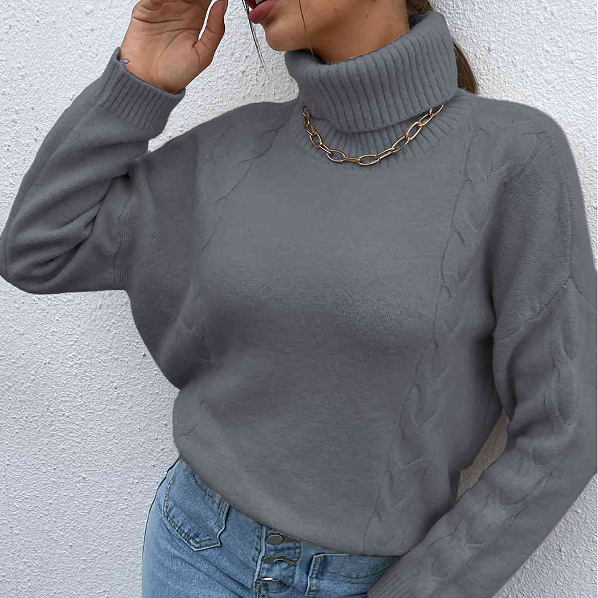 Turtleneck Dropped Shoulder Long Sleeve Sweater - BloomBliss.com