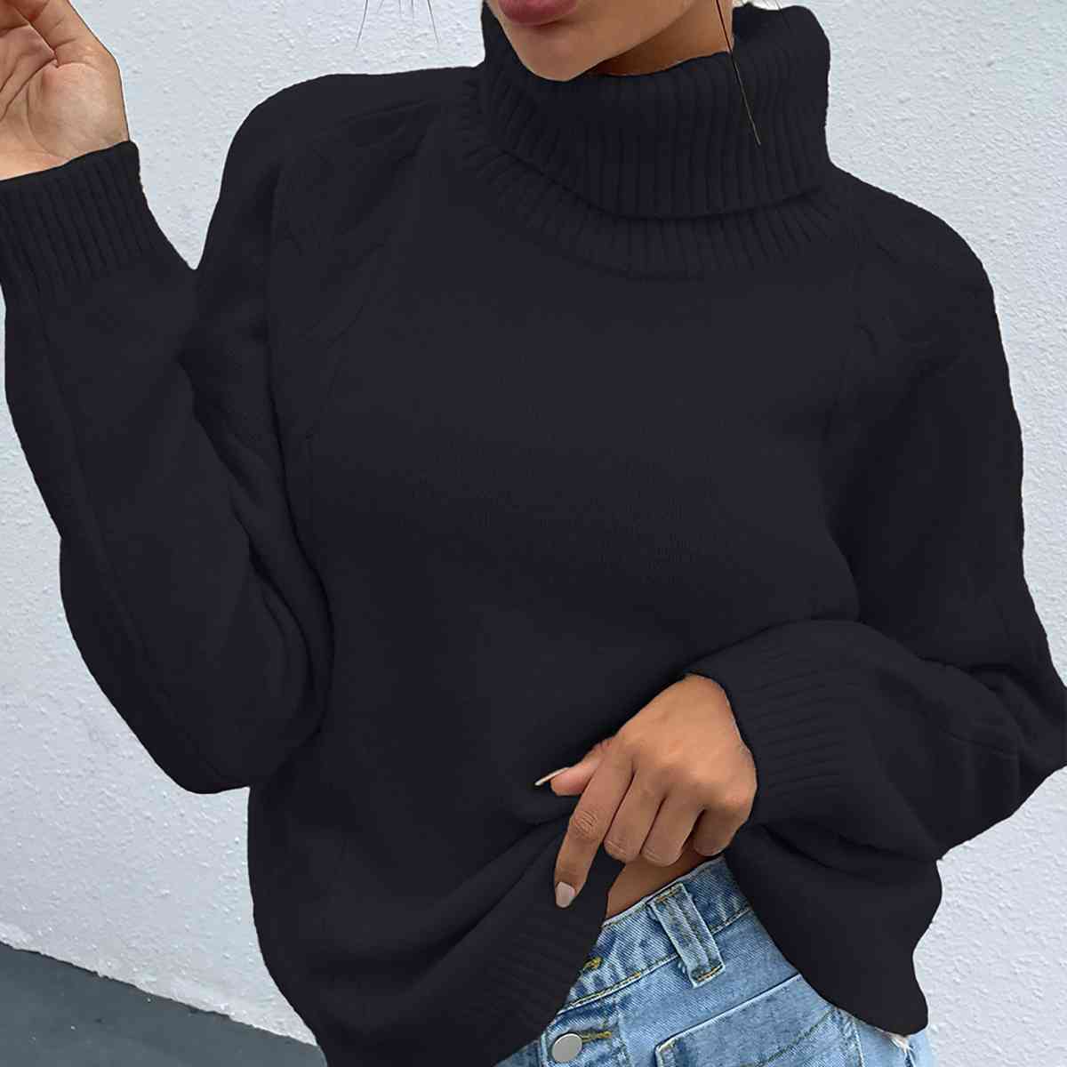 Turtleneck Dropped Shoulder Long Sleeve Sweater - BloomBliss.com