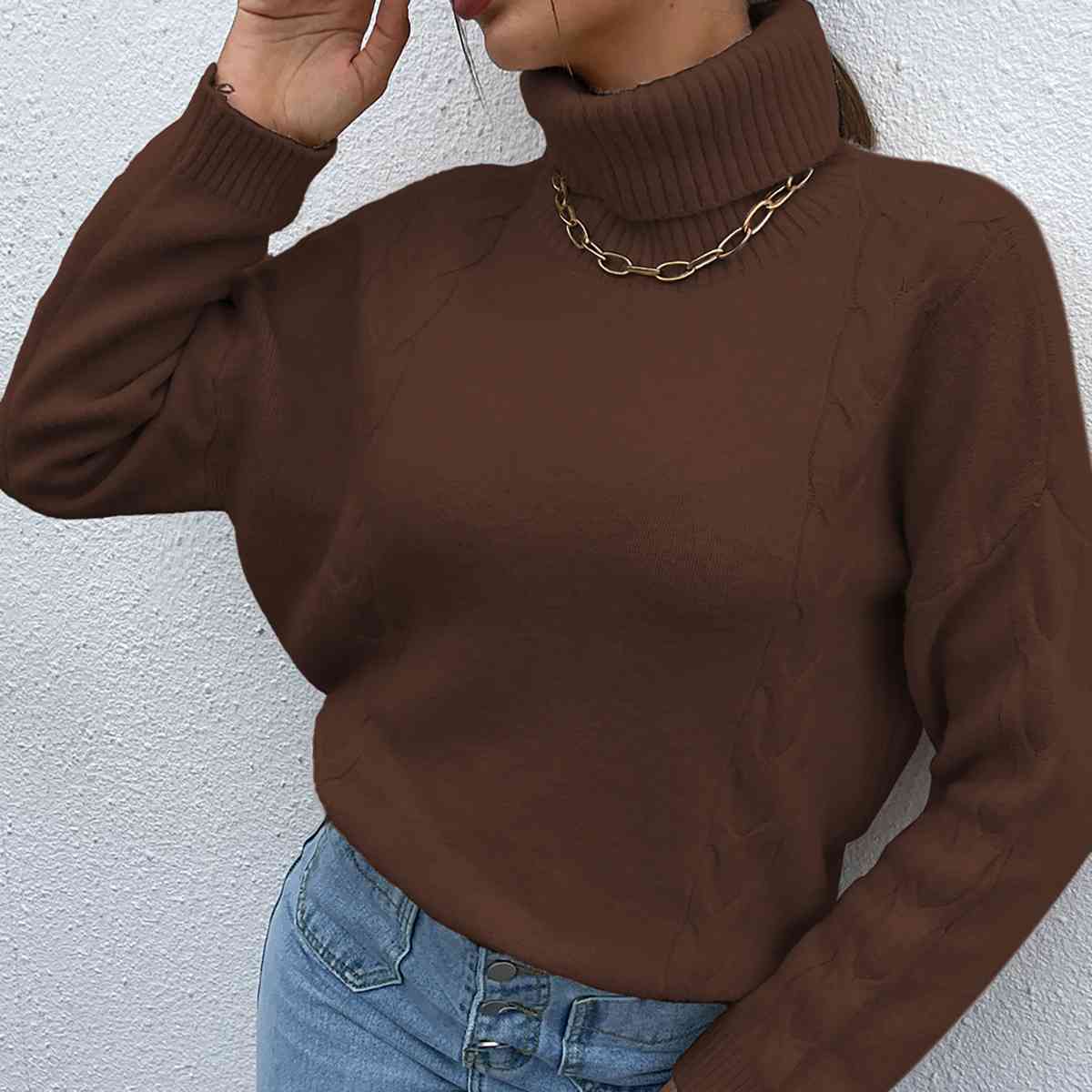 Turtleneck Dropped Shoulder Long Sleeve Sweater - BloomBliss.com