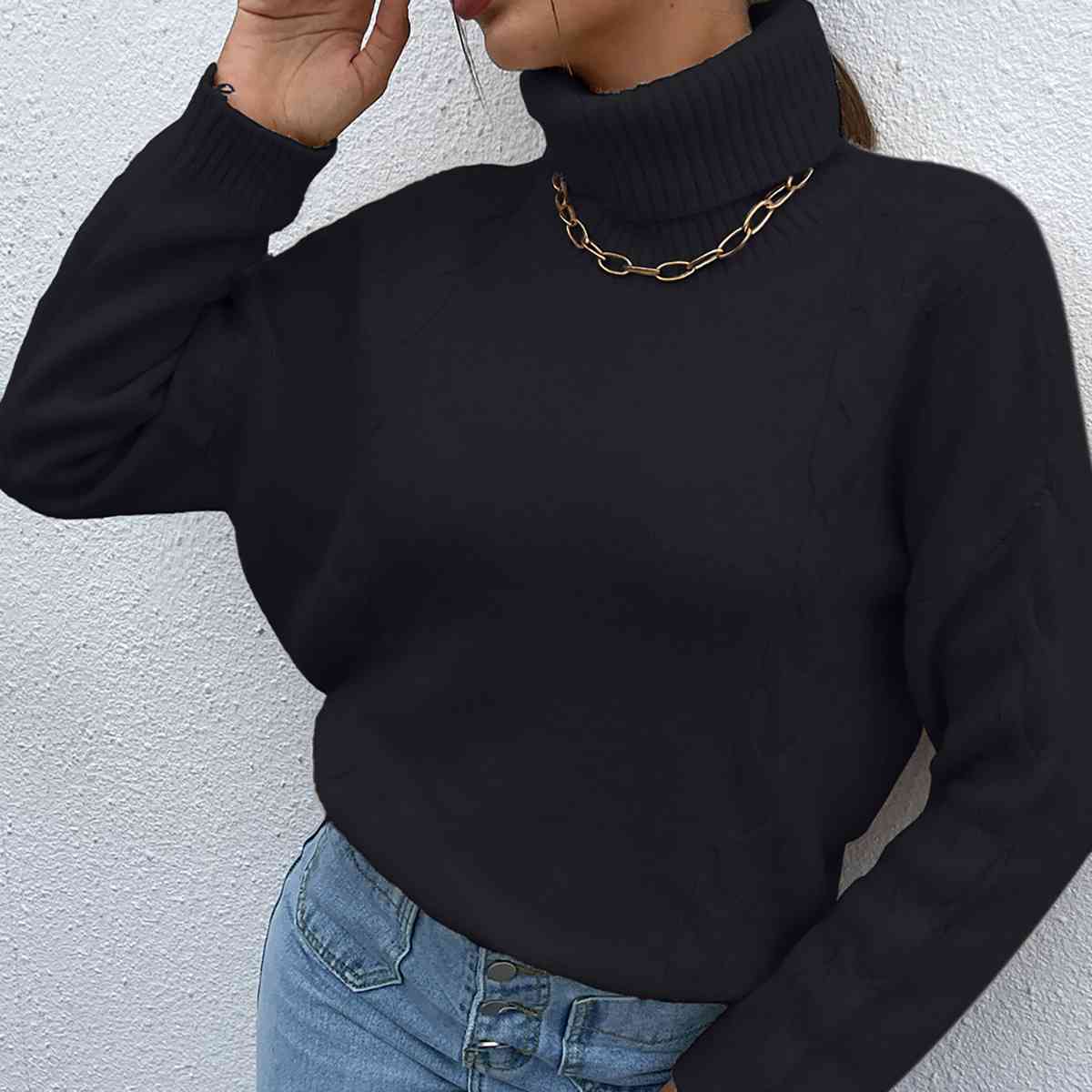 Turtleneck Dropped Shoulder Long Sleeve Sweater - BloomBliss.com