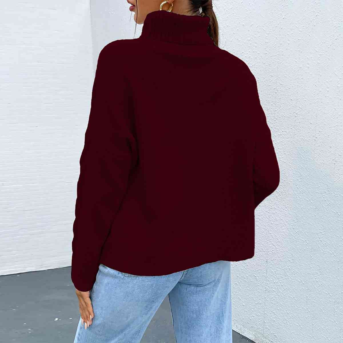 Turtleneck Dropped Shoulder Long Sleeve Sweater - BloomBliss.com